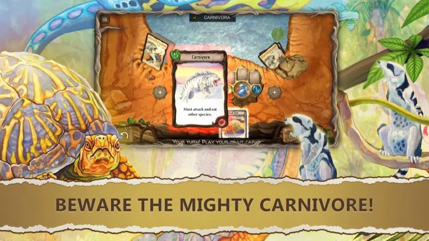 Nell'app di Evoluzione la carta tratto Carnivora viene applicata a una specie sul tavolo illustrato.