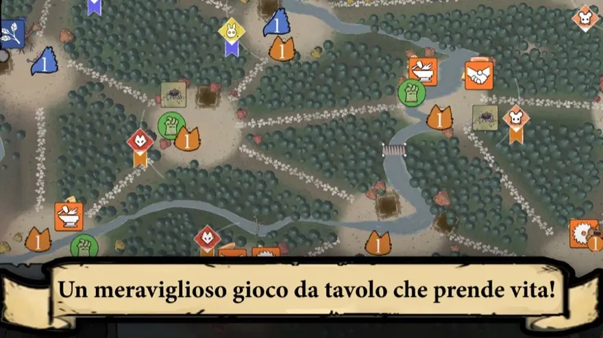 La mappa del bosco di Root vista dall'alto nell'app: pedine di quattro fazioni diverse fra radure, fiumi e sentieri.