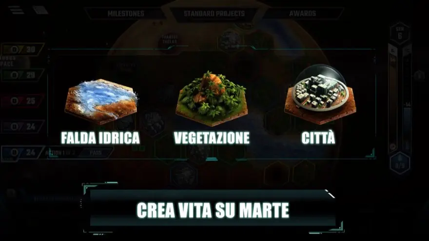 Interfaccia scura di Terraforming Mars in italiano con tre tessere da piazzare: falda idrica, vegetazione e città.