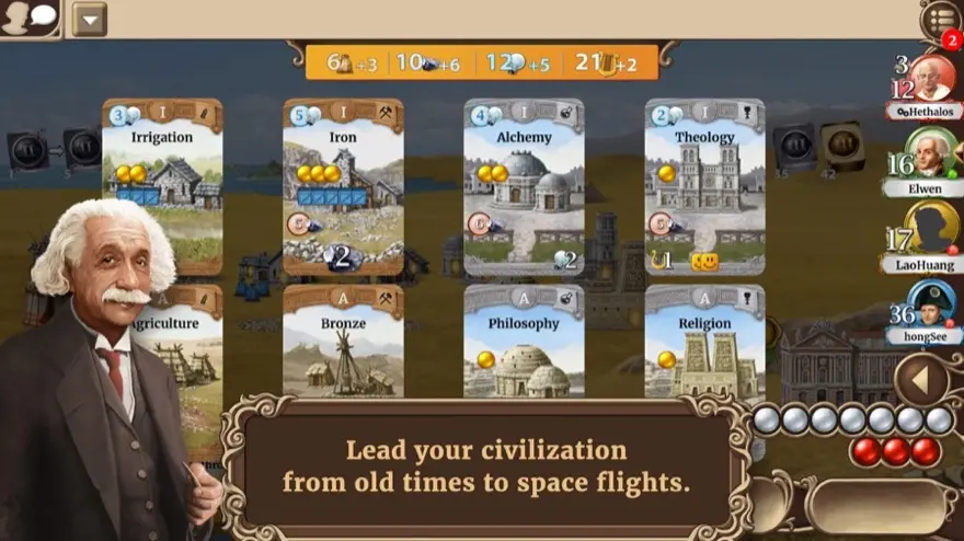 La fila di carte di Through the Ages nell'app, con irrigazione, ferro, alchimia e teologia in inglese.